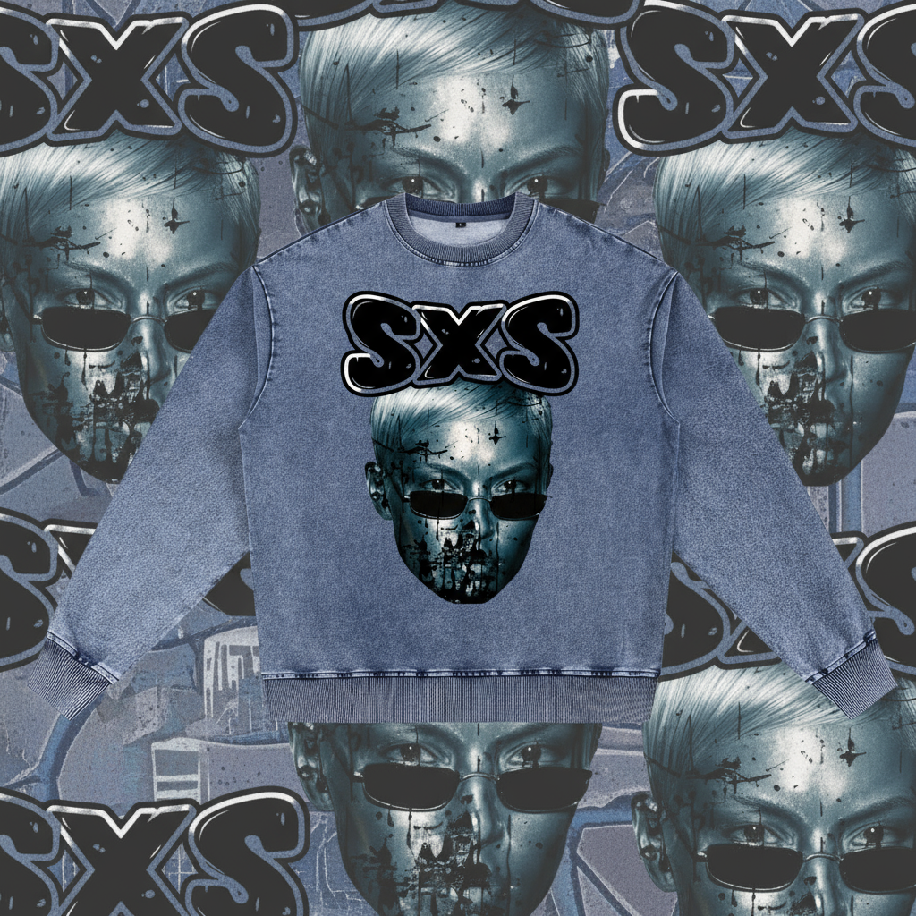 SXS Silent Glitch Crewneck Sweatshirt | Vintage Acid Wash Streetwear